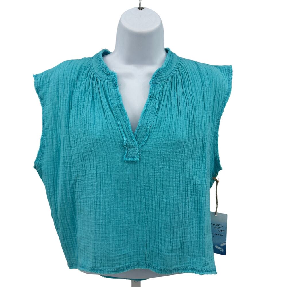 Goa Beachwear by Japna Top WMNS S Teal Crinkle Cotton Gauze Split V-Neck Relaxed